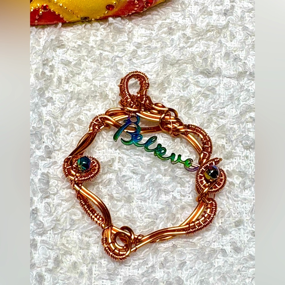 Elegant Gold and Copper Wire Wrapped Pendant-Swirls for Girls/Believe